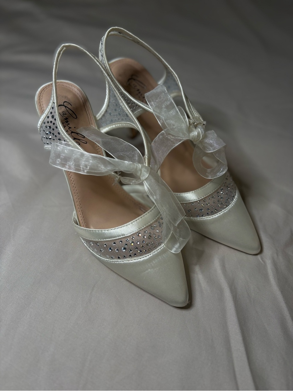 Camille La Vie Ivory Ribbon Slingback Heels with Rhinestone Mesh